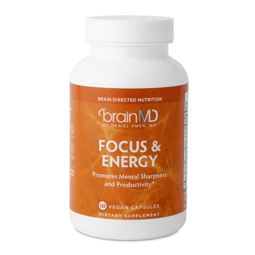 Dr Amen BrainMD Focus & Energy - 120 Capsules - Mental Endurance Booster, encourage la concentration et l'attention - Sans caféine, sans gluten - 30 portions