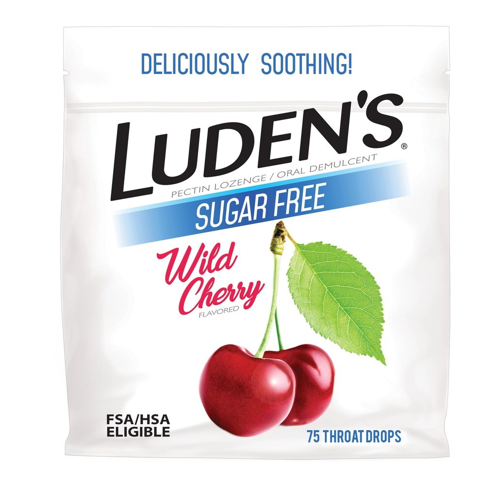 Luden's Sore Throat Relief Lozen voor Kleine Dagelijkse Irritatie & Droge Mond, Suiker Vrij Wild Cherry Flavored Drops, 75 Tellen