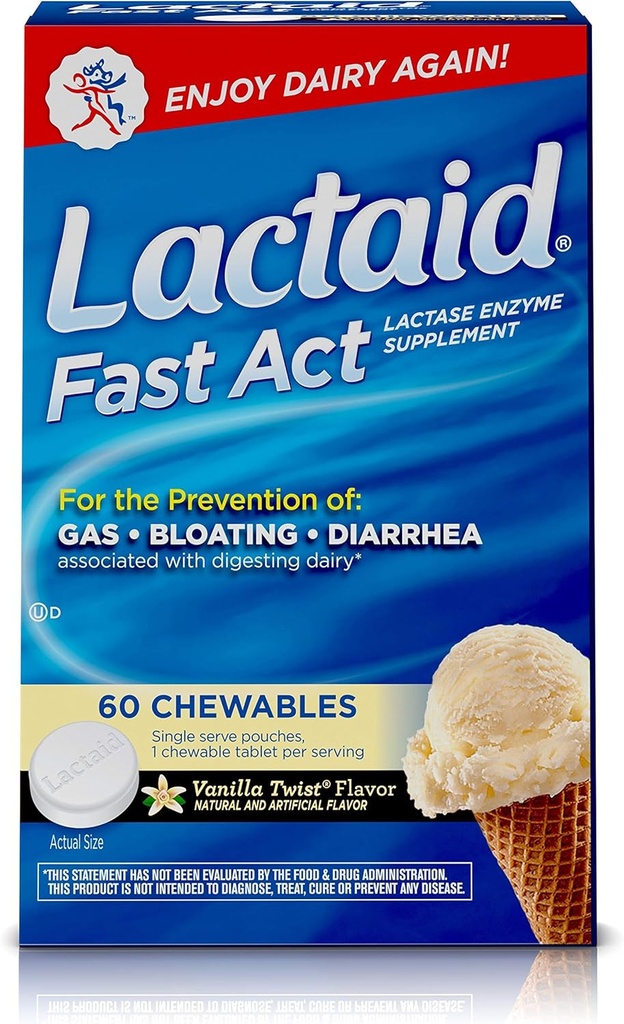 Lactaid Fast Act Lactose Intolerance Kauwtabletten met Lactase Enzymes, Vanilla Twist, 60 stuks van 1-ct.
