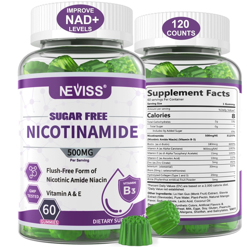 Suikervrij Nicotinamide 500mg Gummies, (Flush Free Niacin) Vitamine B3 Niacinamide Supplement voor Cellular Energy Metabolisme & Repair, Vitality, Healthy Aging, Cranberry Flavor, Makkelijk te kauwen, 120 Cts