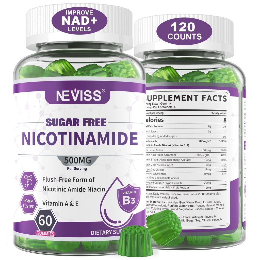 Suikervrij Nicotinamide 500mg Gummies, (Flush Free Niacin) Vitamine B3 Niacinamide Supplement voor Cellular Energy Metabolisme & Repair, Vitality, Healthy Aging, Cranberry Flavor, Makkelijk te kauwen, 120 Cts
