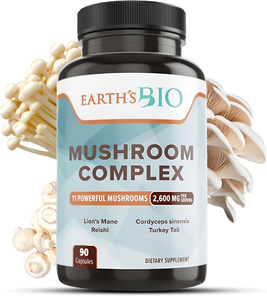 Complexe de complément de champignons bio de la Terre 2 600 mg par portion, 90 capsules, avec champignon de la Mane de Lion biologique, queue de dinde, Enoki Agaricus, blanc bouton & oyster champignons - Memory & Immune Support