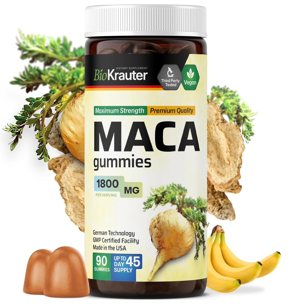 Gommies de racine de maca - 1800 mg Résistance - 90 Chews végétaliens - Soutien naturel pour les femmes et les hommes - Supplément de racine de maca péruvienne - Bouchées de saveur de banane