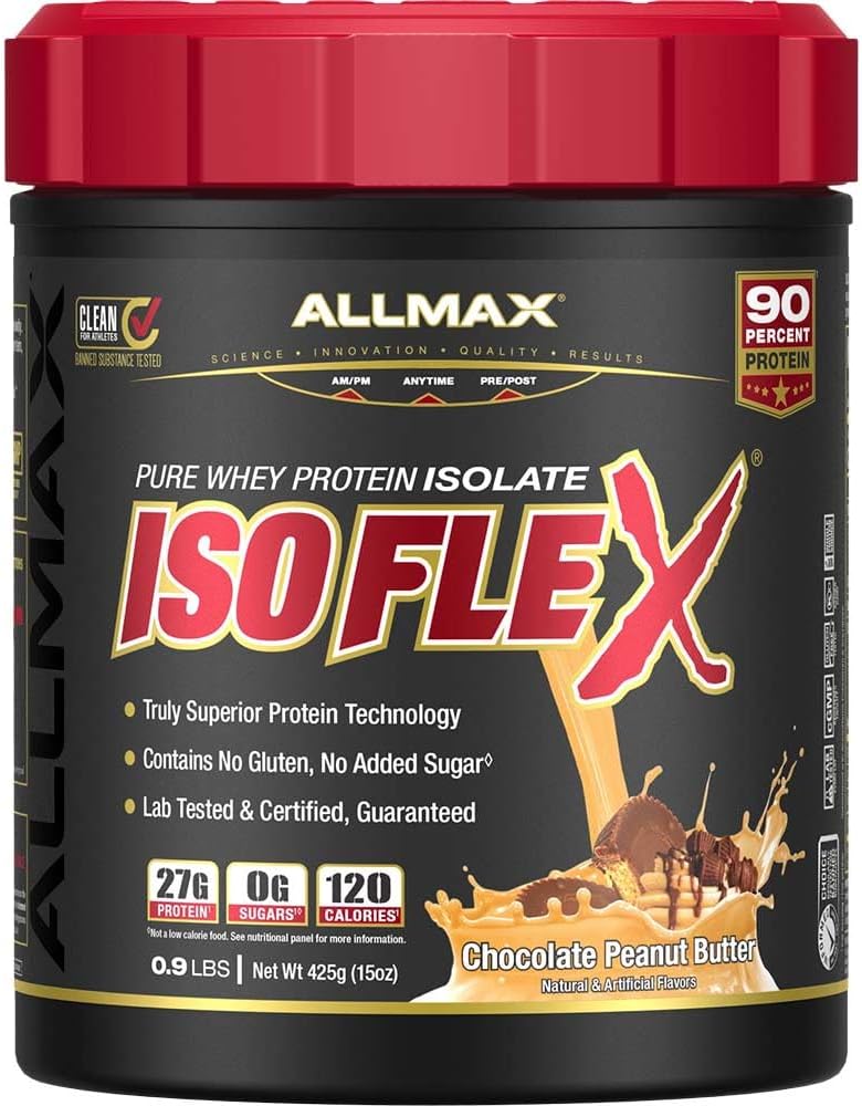 ALLMAX Nutrition ISOFLEX Wei Proteïne Isolaat, Chocolate Peanut Butter - 0,9 lb - 27 Gram eiwit per scoop - Zero Fat & Sugar - 99% Lactosevrij - Glutenvrij en sojavrij - Ca. 15 porties