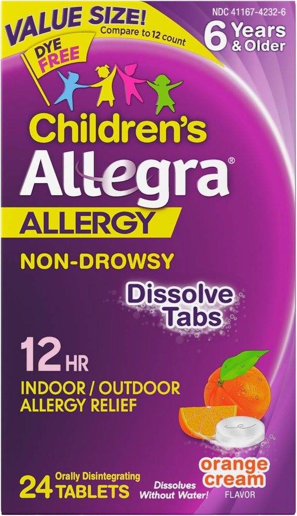 Allegra Altergy Relief pour enfants de 12 heures à dissoudre par voie orale comprimés, anti-allergie intérieure et extérieure non somnolente, 30 mg de Fexofenadine HCI Antihistamine pour enfants, Arôme crème orange, 24 mois