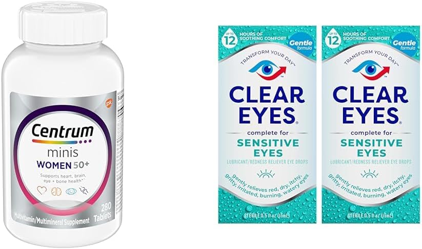 Centrum Minis Silver Multivitamine pour femmes 50 Plus, supplément multiminérale avec vitamine D3, vitamine B, ingrédients non OGM, soutient la mémoire et la cognition chez les adultes âgés - 280 Ct et yeux clairs, yeux sensibles, gouttes oculaires, 0,5 Oz, 2 Pack