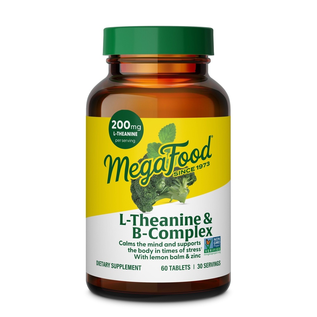 MegaFood L-Theanine & Vitamin B Complex - 200 mg L Theanine Supplement met B Complex Vitaminen voor vrouwen en mannen - Plus Lemon Balm Leaf & Zink - Veganistisch, Glutenvrij, Non-GMO - 60 tabletten, 30 porties