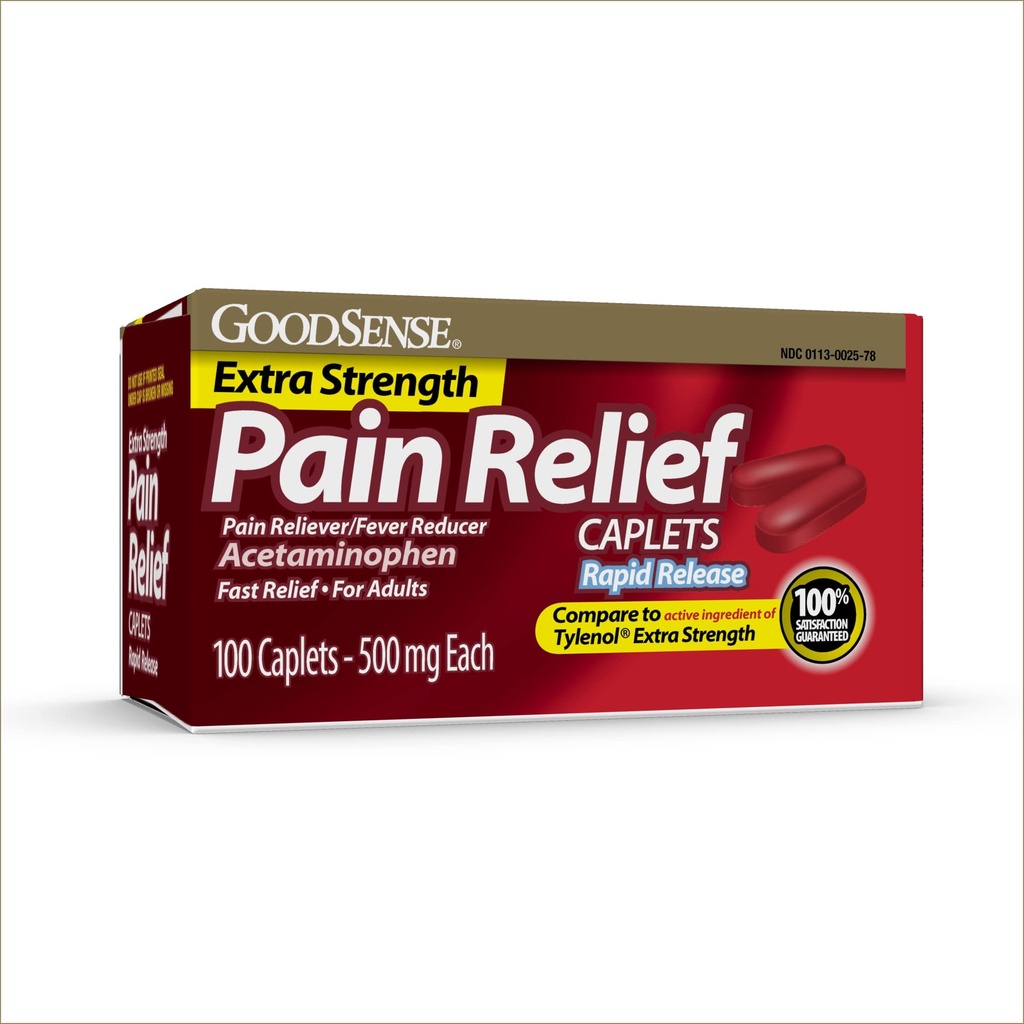 GoodSense Rapid Release pijnverlichting, Acetaminophen Caplets 500 mg, Extra sterkte pijnstiller en koortsreducer, 100 telling
