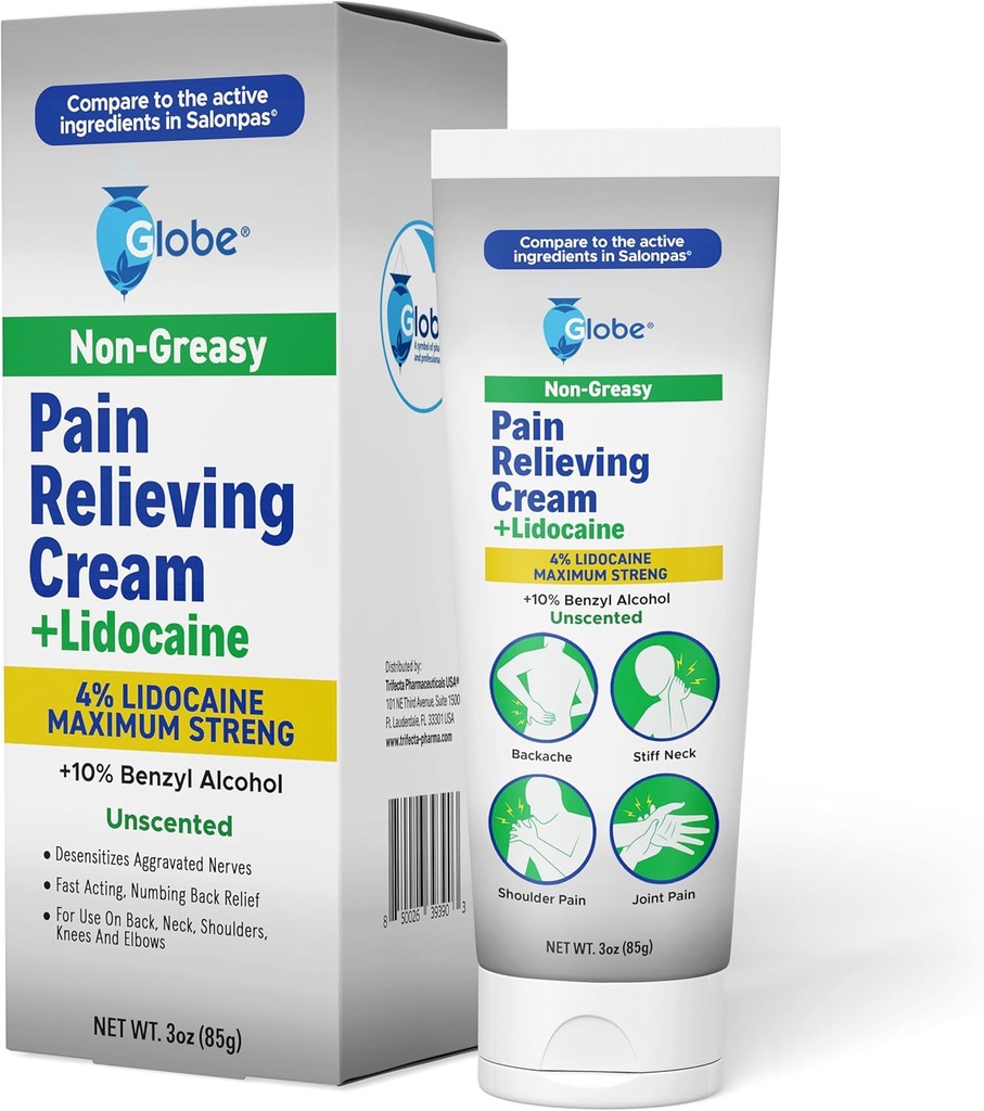 Globe Pain Relieving Cream Plus 4% Lidocaïne, maximale sterkte Numbing Relief, snelle acting Topische therapie voor spierpijn, gewrichtspijn, rugpijn, nekpijn, pijn, verstuiking & spams, ongeparfumeerd, 3oz