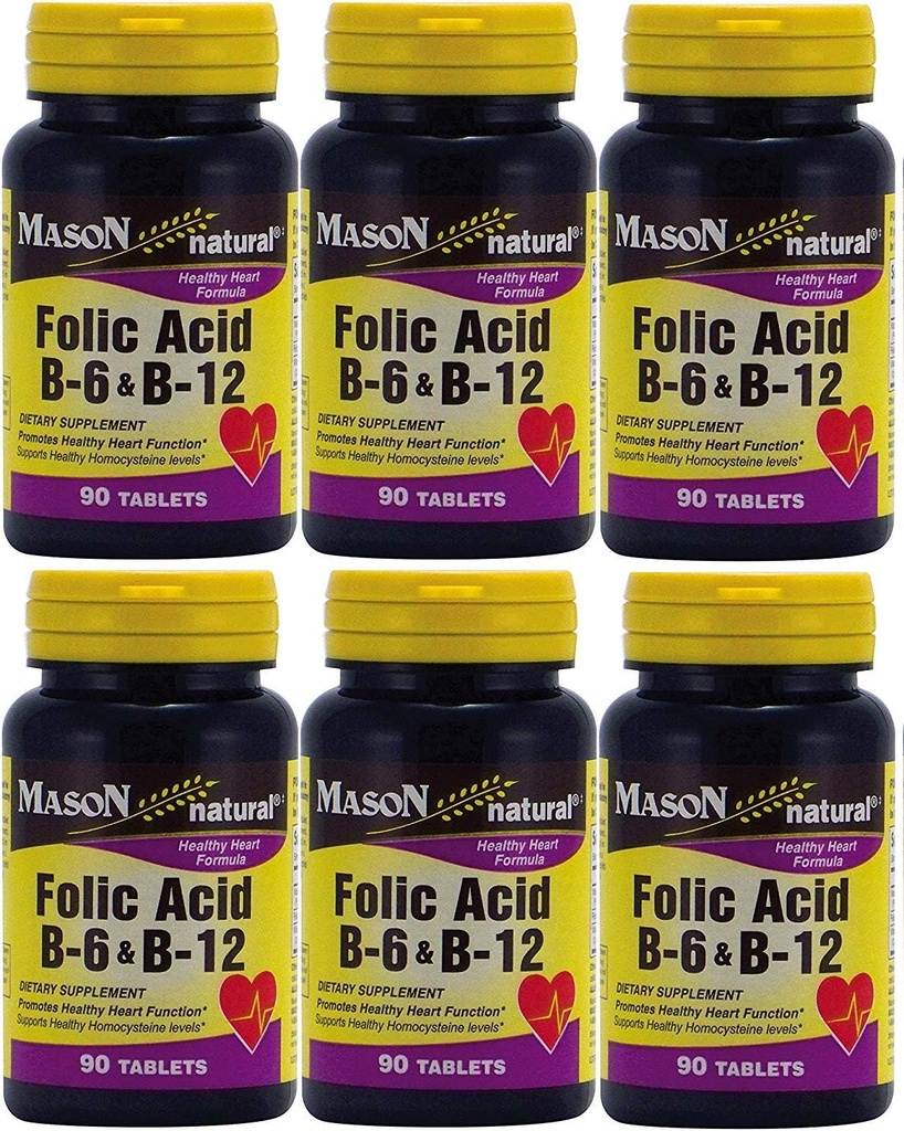 Foliumzuur B-6 & B12 hartgezondheidsformule 90 tabletten per fles Verpakking van 6 total 540 tabletten