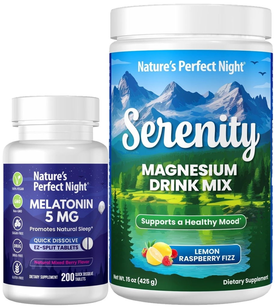 Nature's Perfect Night Melatonine 5mg Quick Solution Mixed Berry 200 Tel met Serenity Magnesium Poeder 15 oz Citroen Raspberry