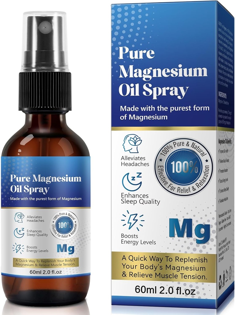 Pure Topical Magnesium Oil Spray, Magnesium Spray voor voeten, 100%, Quick Absorptie - Natuurlijke Bron met krachtige Blend van essentiële oliën, Replenish Body- 2,02 fl oz