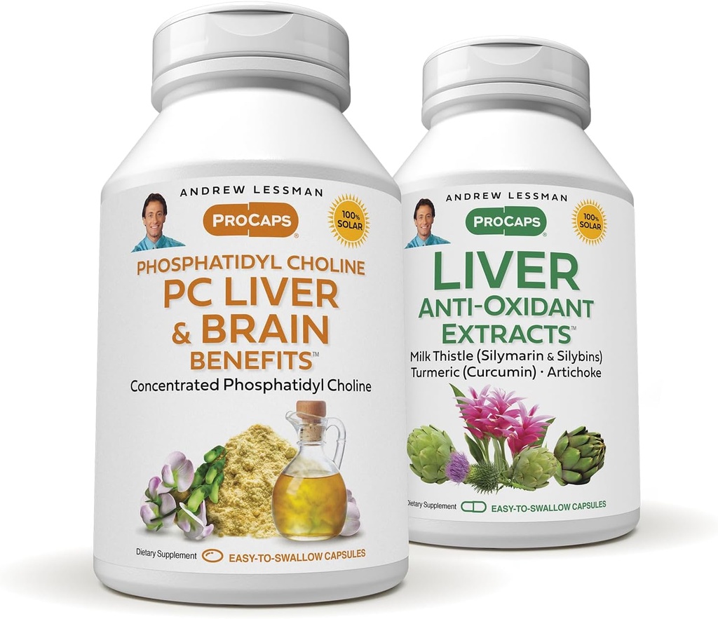 ANDREW LESSMAN PC Lever en hersenen Voordelen + Lever Anti-Oxidant Extracten Kit: 300 Capsules (180+120) - Fosfatidyl Choline, Milk Thistle, Artichoke, Curcumin.