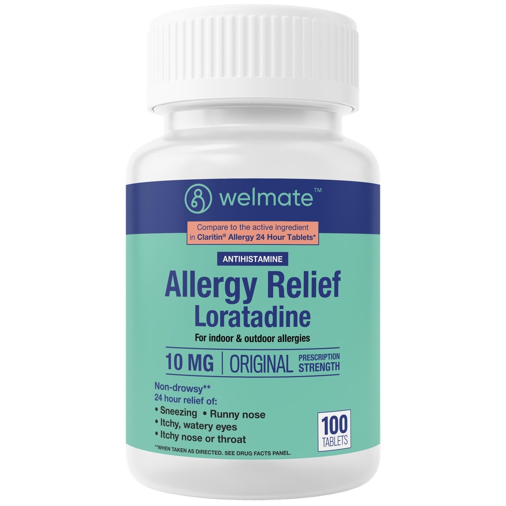 WELMATE - Allergie Relief - Loratadine 10 mg - 24-uursrelief Antihistamine - Non Drowsy - Runny Nose - Sneezing - Itchy Nose & Throat - Watery Eyes - Indoor & Outdoor Allergie Medication - 100 Tel.