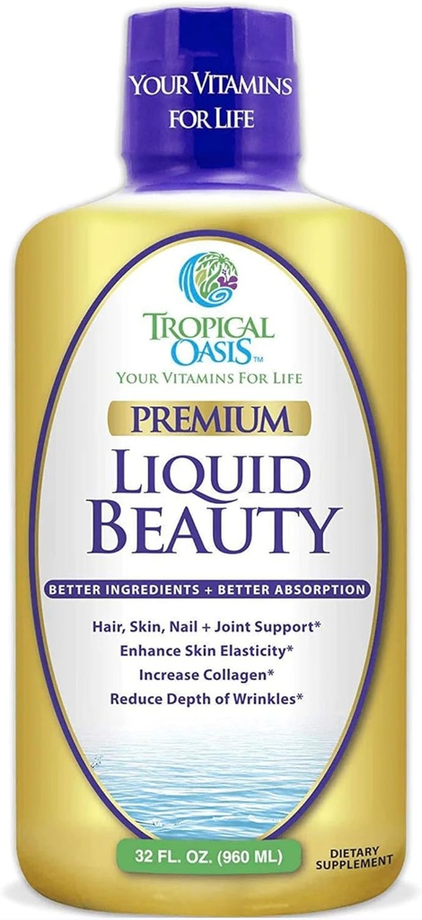 Oasis tropicale - Beauté liquide - Supplément pour la croissance des cheveux, de la peau et des ongles - Biotine + Collagène hydrolysé (32 portions)