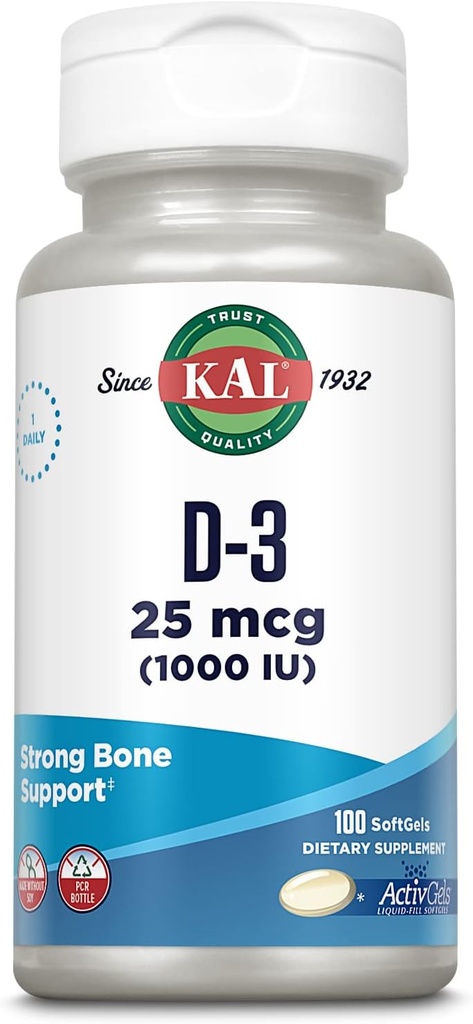 KAL Vitamine D3 1000 UI Softgels (25 mcg), Forme active de vitamine D, Absorption de calcium, Santé des os, Supplément de soutien immunitaire, ActivGel liquide rempli, Fabriqué sans soja, 100 portions, 100 Softgels