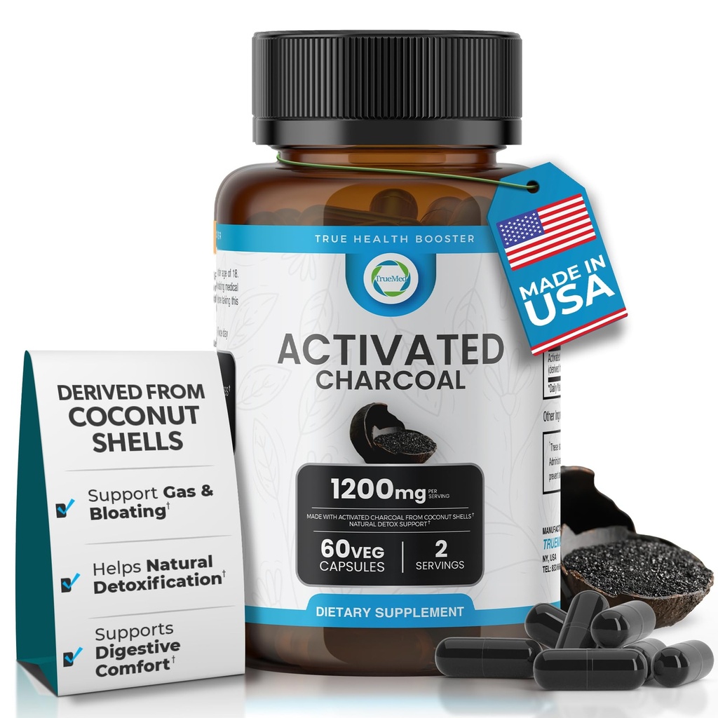 Geactiveerde Charcoal Capsules 1200 MG, 60 Veg Caps, 30-Days Premium Detox & Digestive Support, Gas & Bloating Relief, Organic Coconut Shell Charcoal, Gut Health, USA Made.