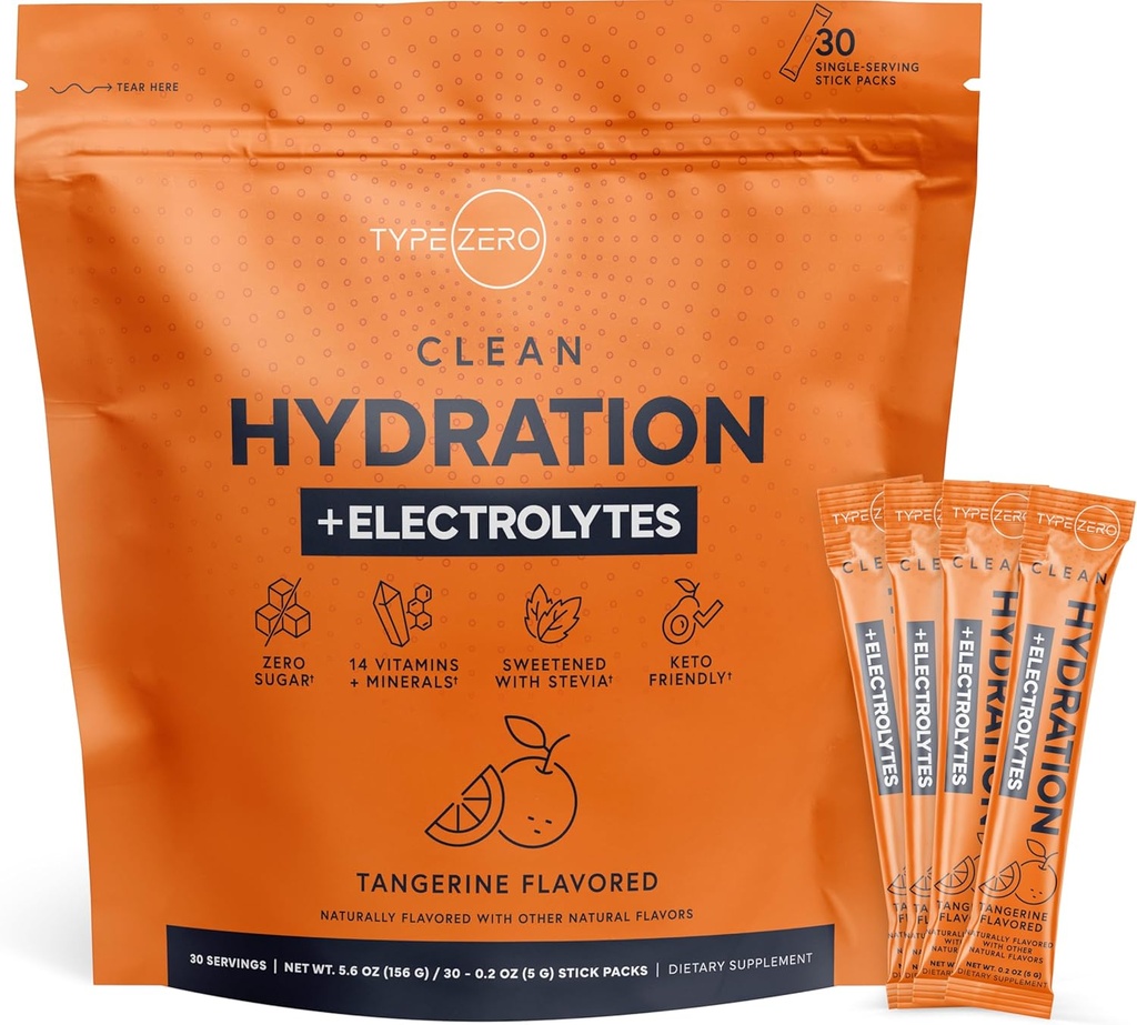 Type Zéro hydratation propre + mélange de boissons électrolytes (30 packs à usage unique) - hydratation avancée pour toute occasion (mangerine)