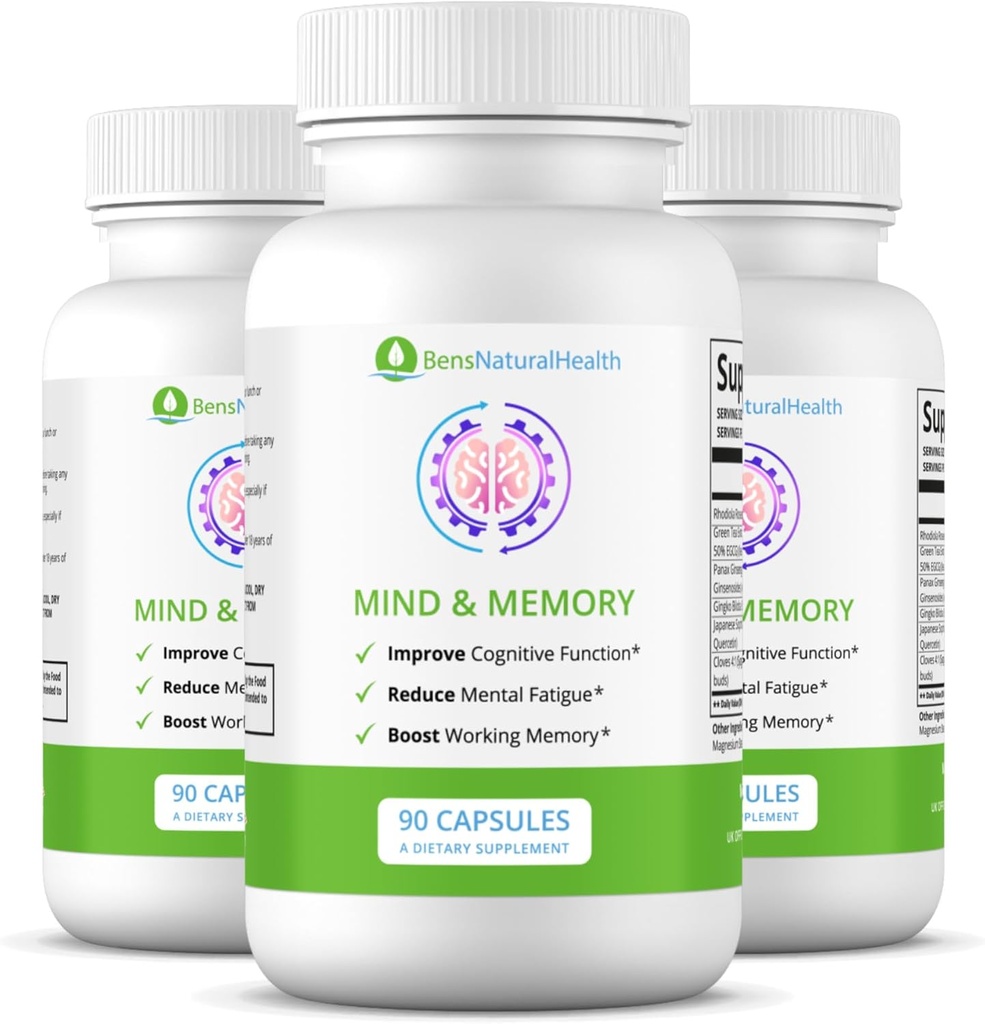 Ben's Natural Health Mind & Memory Supplement, Nootrope Brain Support with Rhodiola, Green Tea, Cloves & Quercetin, 90 Capsules, 3 Pack