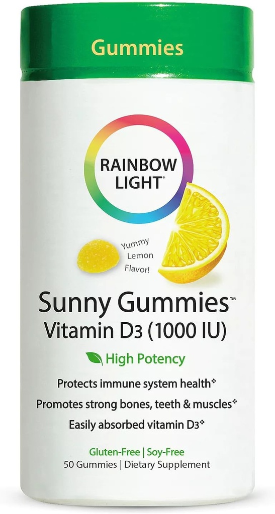 Regenbooglicht - Sunny Gummies Vitamine D3 1000 IE, Ondersteuning voor gezonde botten, spieren, en immuniteit in een familievriendelijk kauwbaar met vitamine D3, Sojavrij, Glutenvrij, Zure citroen, 50 Gummy druppels