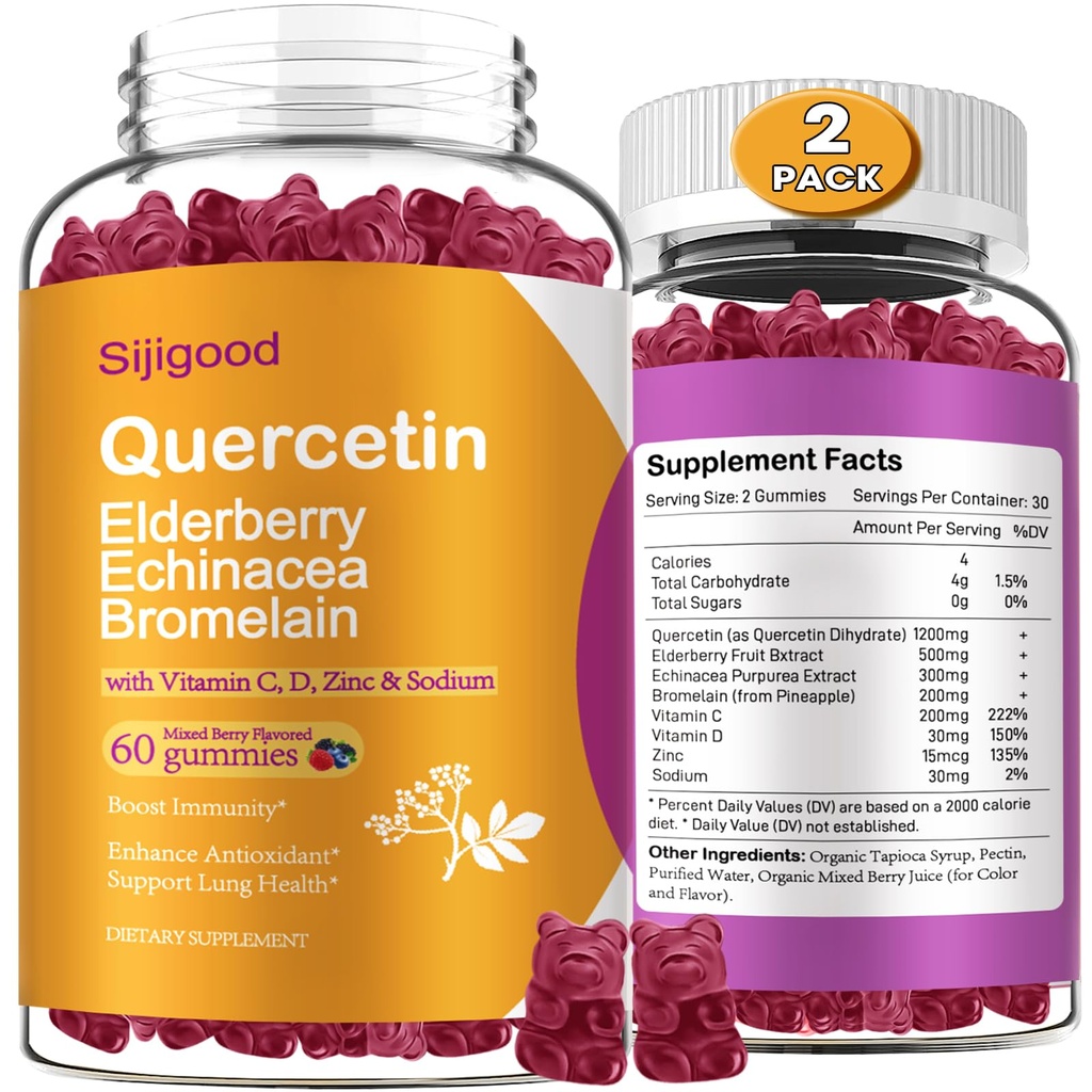 2 Packs Quercetin avec Gummée de Bromelain, Elderberry, Echinacea, Vitamine C D Zinc - Système immunitaire Soutien 120 Compte Suppléments Quercetin pur Gummies pour enfants et adultes