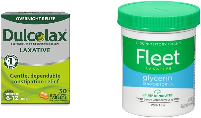 Dulcolax Overnight Relief Laxative for Gentle Constipatie Relief, Bisacodyl 5 mg Tablets, 50 Count & Fleet Laxative Glycerine Suggesties voor volwassenen Constipatie, Adult Laxative Jar Aloë Vera, 50 Ct