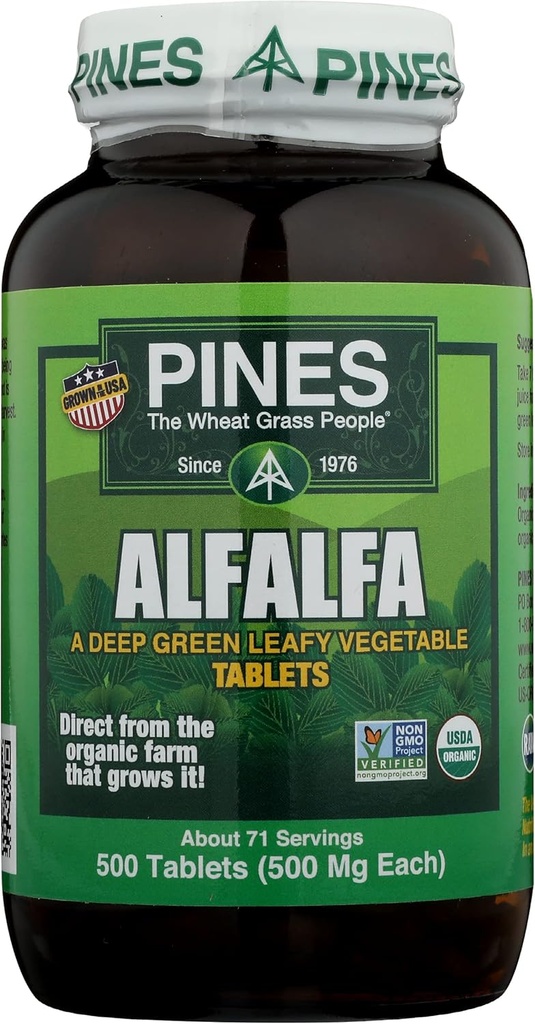 Pines Alfalfa Tablets, The Original Green Superfood, USDA Biologische, Glutenvrij & niet-GMO, 500 mg Elke, 500 tabletten