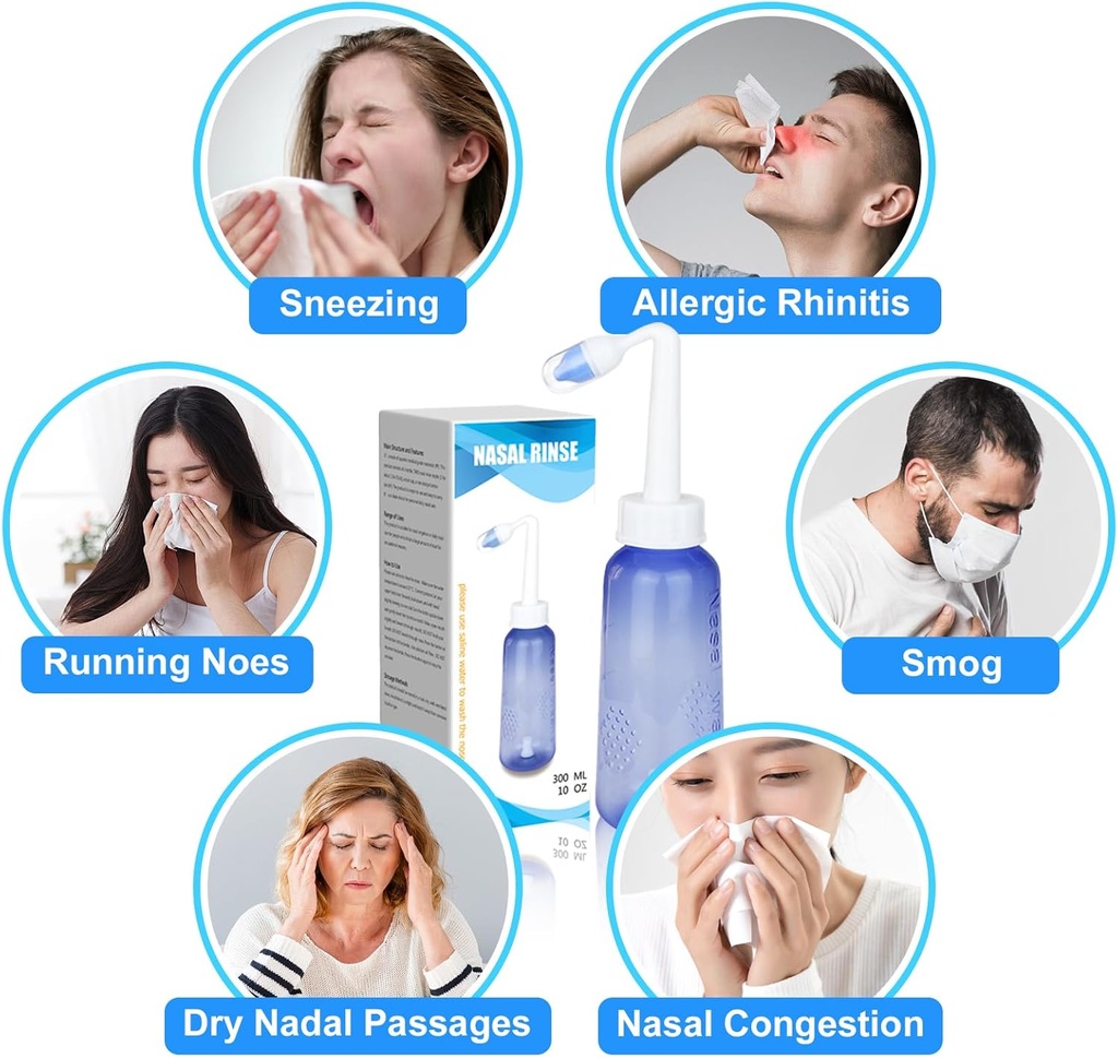 300 ML Nasal Sinse Neti Pot Sinus Sinse Bottle Nasal Wash Bottle Neusreiniger Comfortabel voor volwassenen en kinderen effectieve druk Irrigatio met 20 Nasal Wash zout pakketten BPA gratis