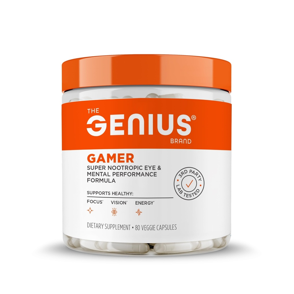 Genius Gamer, Gaming Focus Supplement, 80 pilules - Elite Nootropic Performance Booster - Boost Cerveau et clarté mentale, temps de réaction et concentration - Soutien de la lumière bleue avec Lutemax