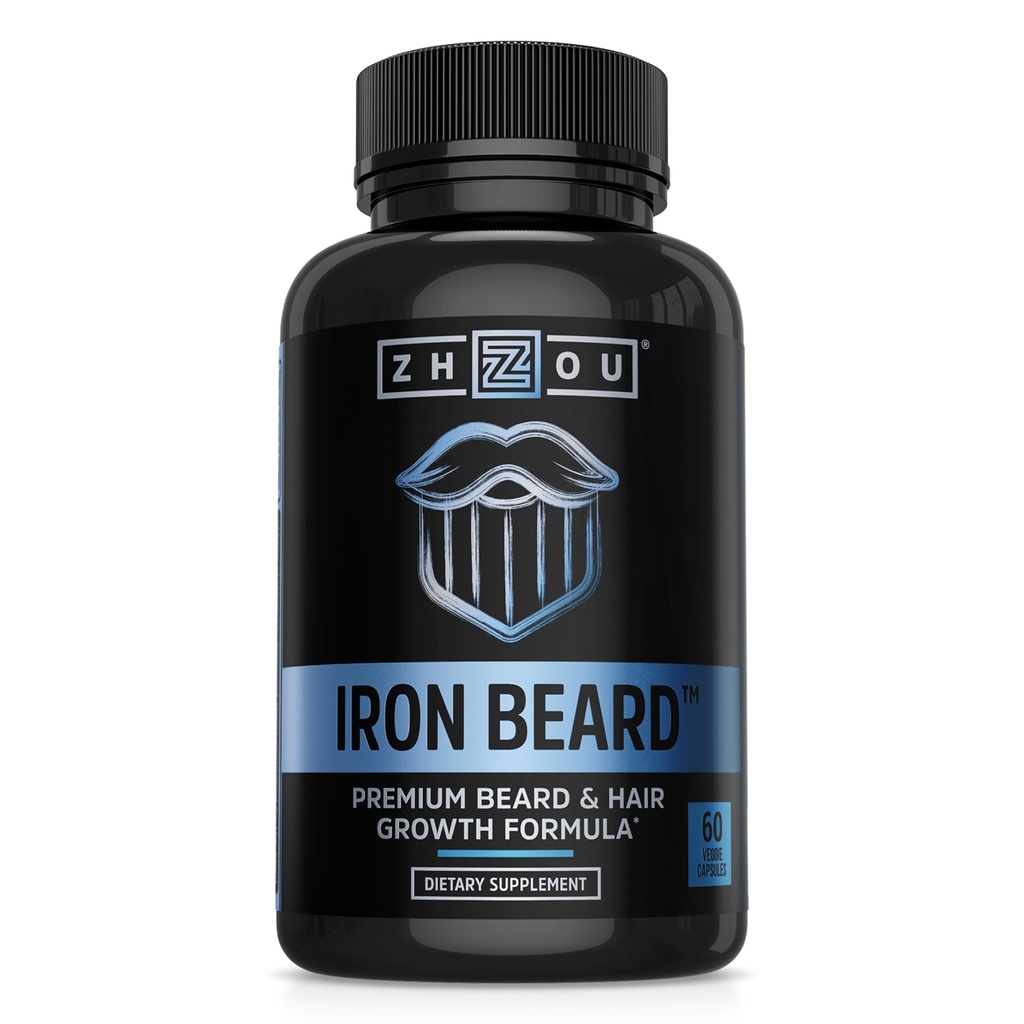 Bière de fer Zhou - Vitamines de croissance de la barbe Hommes, Biotine Premium, Saw Palmetto & B Pilules de vitamine pour soutenir les cheveux du visage, supplément de soin de la barbe pour la barbe pleine - 60 Capsules de Véggie