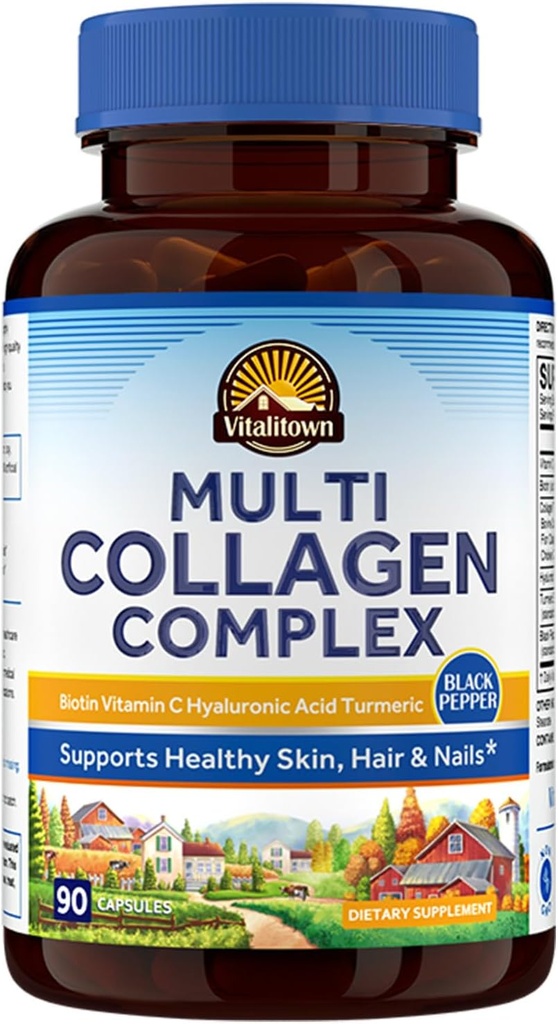 Vitalitown Multi Collageen Complex, Type I, II, III met Biotine, Vitamine C, Hyaluronzuur, Kurkuma, Black Pepper voor huid, Haar, Nagels, 90 Capsules, Non-GMO