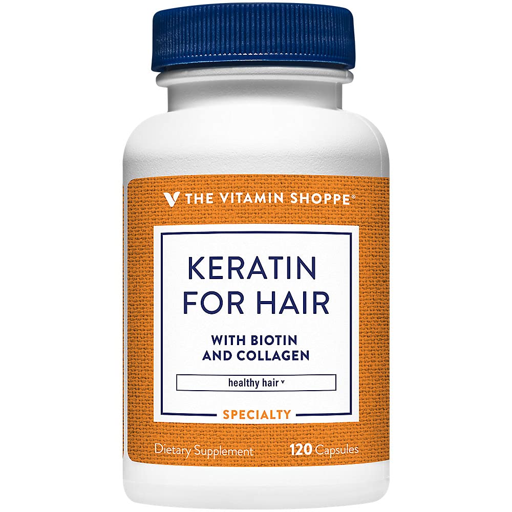 La kératine Vitamine Shoppe pour les cheveux avec biotine et collagène, soutient les cheveux forts, sains, coupe cheveux (120 capsules)