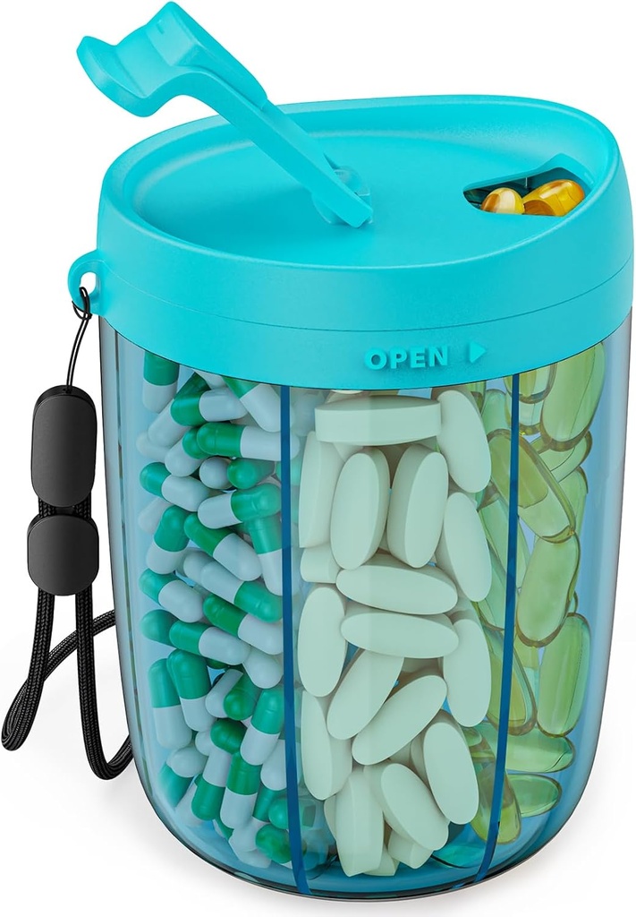 PULIV grote pil fles Organisator, Supplement Organizer voor het vasthouden van 6 verschillende vitaminen, pil doos met anti-mengen en brede opening ontwerp, gemakkelijk op te halen Meds en 20 stuks Stick-on etiketten, blauw