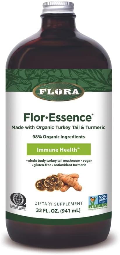 Flora Health Flora-Essence with Turkey Tail & Turmeric, Rich in Polysacchariden, 35+ Fenolische verbindingen met Antioxidanten en Immunity Support, 32-fl. oz. Glazen fles