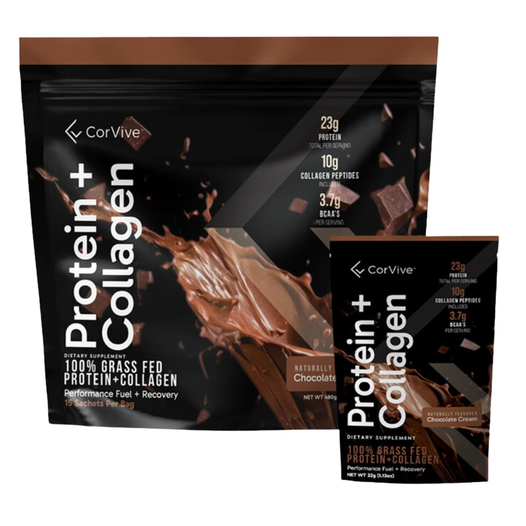Protéines + Poudre de collagène $ 23g Protéines (Grass-Fed Whey + Collagène) $ 3,7g BCAAs $ Soutient la santé musculaire et articulaire $ Gluten & Soy Sans ingrédients artificiels $ 15 sachets - Chocolat