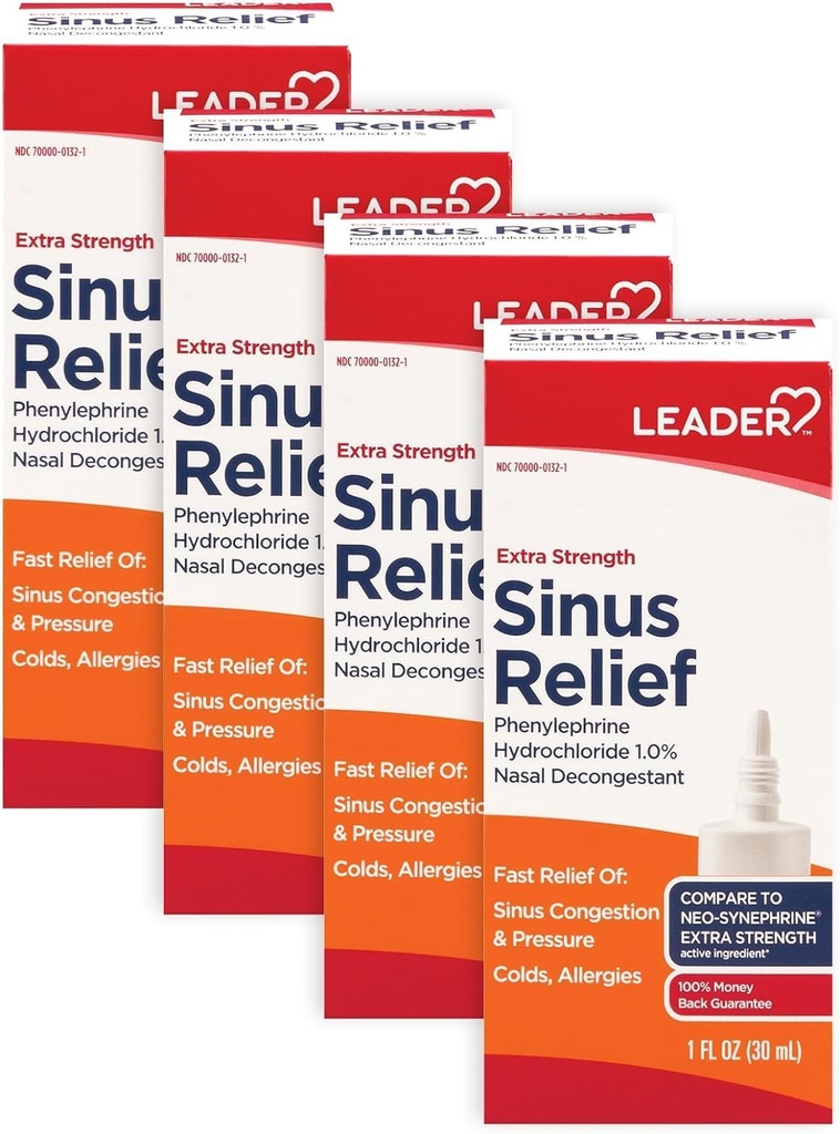 Leader Extra Strength Sinus Relief, Fast Acting, Sinus Dognestant, Nasal Congestion Relief Spray, Froid et Allergie Bouteille de 30 mL (paquet de 4)