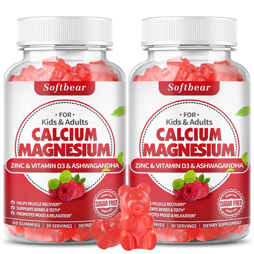 softbear Calcium Magnesium Zink Gummies voor volwassenen & kinderen, Suagr-Free Calcium Magnesium Zink D3 Supplement voor bot sterkte & Immune Health, Raspberry Flavor 120 Tel.