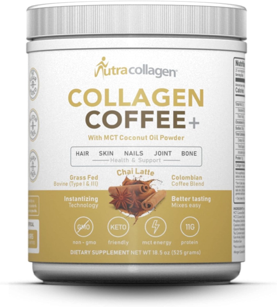 NUTRACOLLAGEN Proteïnepoeder gecombineerd met Premium Colombiaanse koffie; Grass-Fed, Niet GGO, 12g Peptiden, MCT Kokosoliepoeder, Sojavrij, Glutenvrij, Suikervrij, 40mg Caff/Srving; Chai Latte 25 Srvg