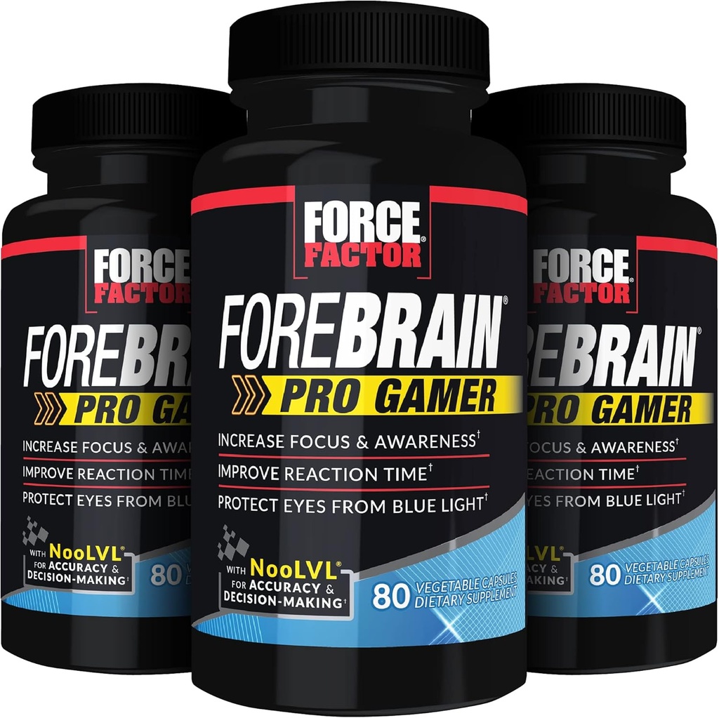 FORCE FACTOR Forebrain Pro Gamer Brain Booster, Gamer Supps om Focus & Bewustzijn te verhogen, Blauw licht, Gaming Supplement, Nootrope, 240 Capsules, 3-pack, zwart