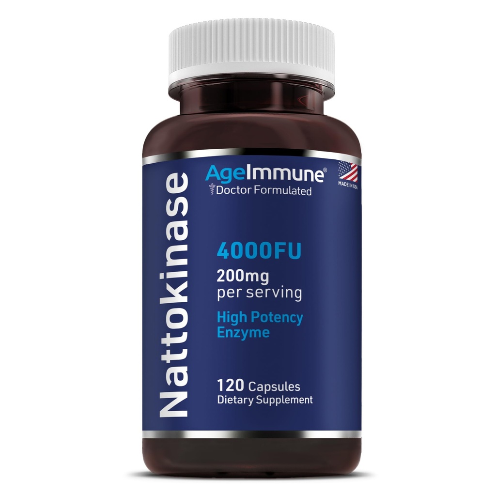 AgeImmune Nattokinase Supplement 4000 FU 200mg - Enzyme - Cardiovasculair Support 120 Capsules - Uit Japanse Natto - Made in The USA Without Magnesium Stearate.