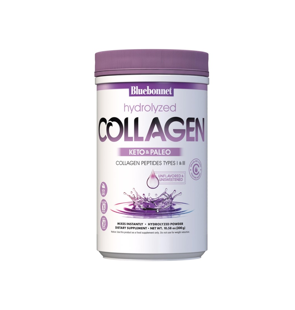 BlueBonnet Nutrition Hydrolyzed Collageen Poeder, Ondersteunt haar, huid en nagels*, Soy-Free, Gluten-Free, Non-GMO, Grass-Fed Cows, Pasture Raised, 10.58 oz, 25 Servers, Unflavored, Unsweeted