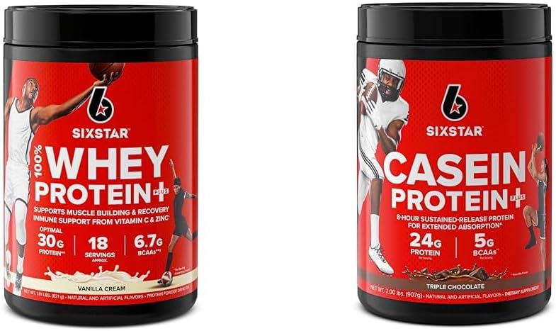 Six Star Elite Series 100% Wei Proteïne Plus Vanille Cream 1,8lbs US & Caseïne Proteïne Poeder Elite Caseïne Proteïne Poeder Slow-Digesting Micellar Caseïne Proteïne