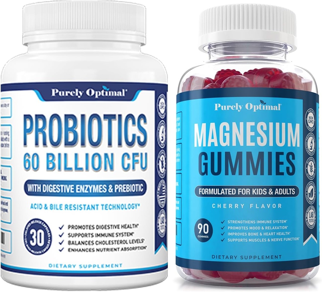 Pure Optimale Premium Probiotica 60 Miljard CFU met Biologische Prebiotica & Digestieve Enzymen + Premium Magnesium Gummies Kinderen & Volwassenen