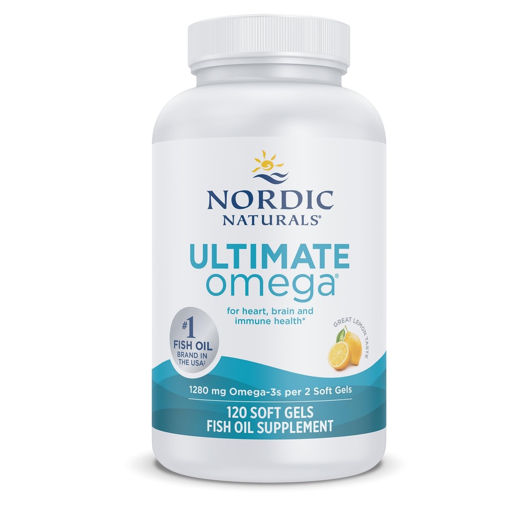 Nordic Naturals Ultimate Omega, Lemon Flavor - 120 Zachte Gels - 1280 mg Omega-3 - High-Potency Fish Oil Supplement met EPA & DHA - Promoot Brain & Heart Health - Non-GMO - 60 Servers