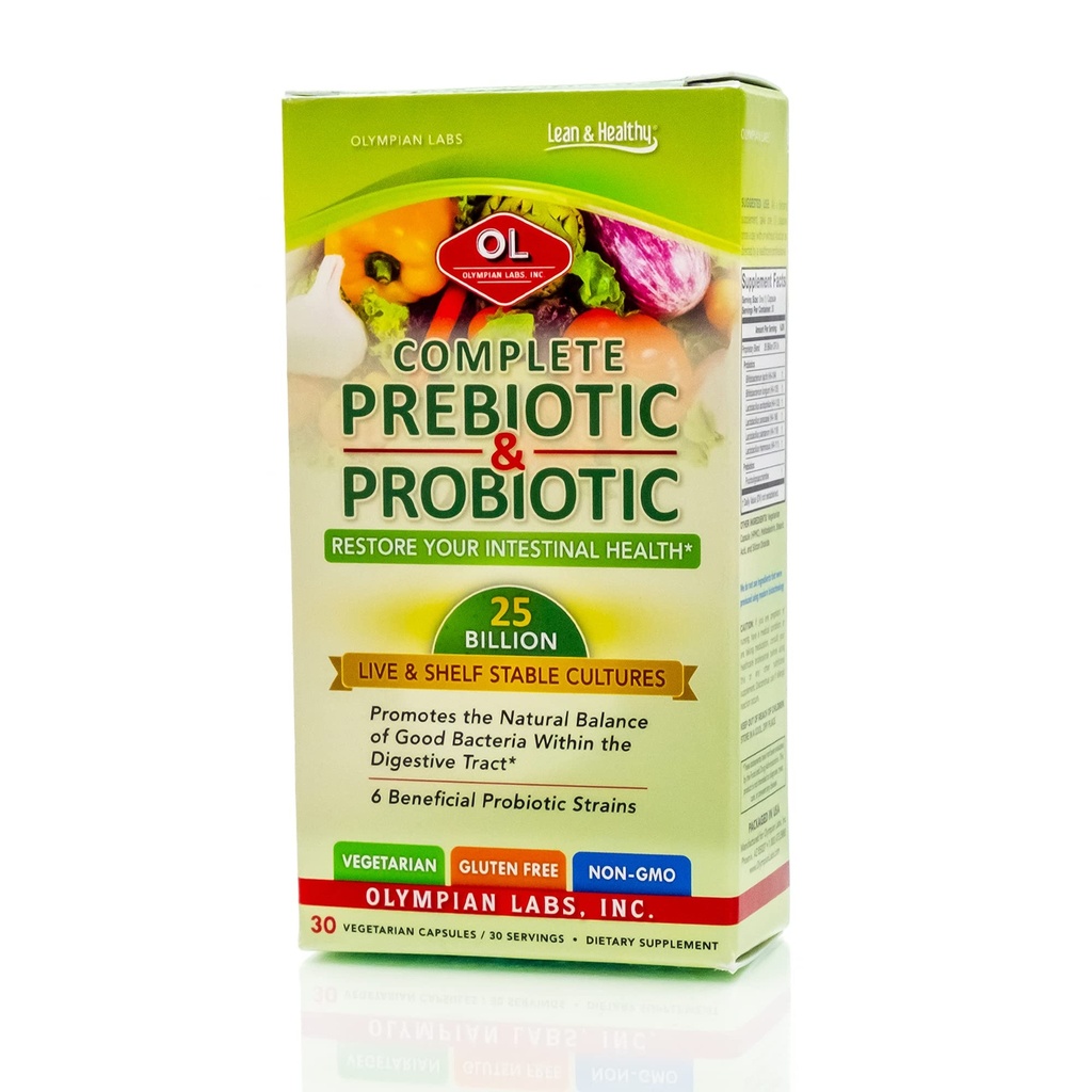 Olympian Labs Complete Prebiotic and Probiotic Supplement - 25 milliards de cultures stables sur la plate-forme vivante - 30 capsules végétariennes, aide à rétablir l'équilibre naturel dans le tube digestif.