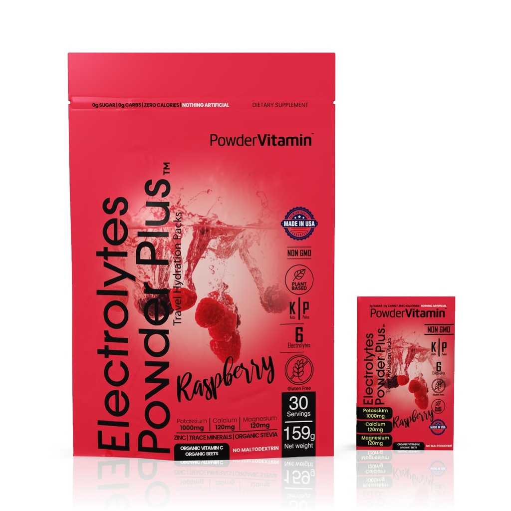 PowerVitamine Electrolytes Powder Packets - Raspberry - Keto Electrolytes voor dagelijkse energie - Hydration Powder met 1000mg Kalium, 120mg Magnesium, Zero Calories - 30 Hydration Packets