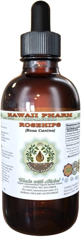 Hawaii Pharm Rose Extrait liquide sans alcool, Rose-hips biologique (Rosa Canina) Glycérite supplément à base de plantes naturelles, États-Unis 2 fl.oz