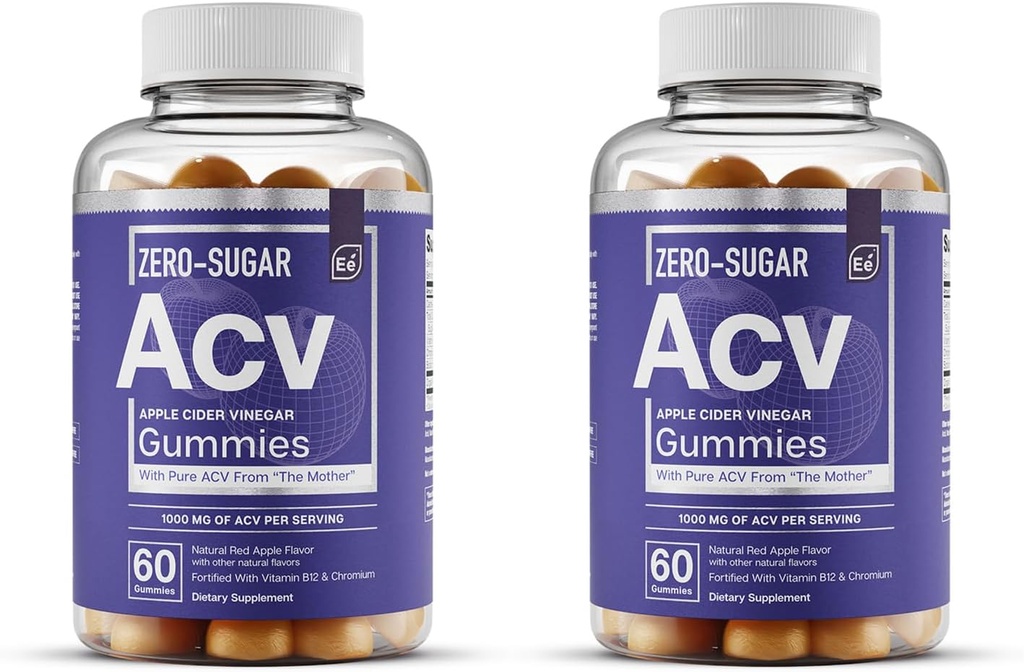 Eléments essentiels Gommes de vinaigre de cidre de pomme Zero-Sugar de la mère - Gommies de vinaigre de cidre de pomme à source naturelle, végétalien avec le nombre de chrome 60 (2-Pack)