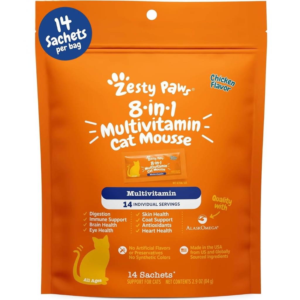 Zesty Paws 8-in-1 Multivitamine Cat Vitaminen & supplementen Mousse - Kattenvitaminen voor binnenkatten - Gezonde behandeling Knijpen voor darm, Immune, Hart, Huid & Coat Ondersteuning - Kip 14ct