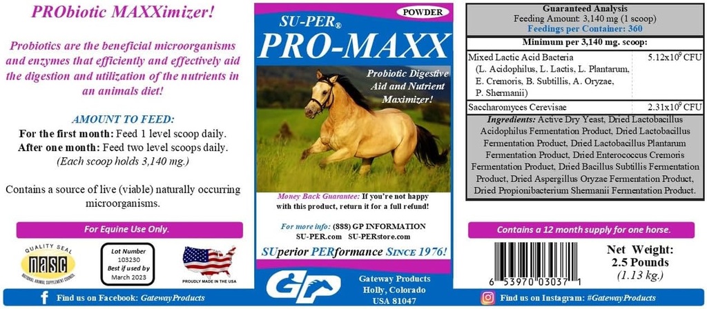 SU-PER Pro-Maxx Probiotica voor paarden - Equine Digestieve Hulp en Nutrient Maximizer - Onderhoudt goede Gut Health en Microbial Balance - 2,5 Pond, (2 Pack)